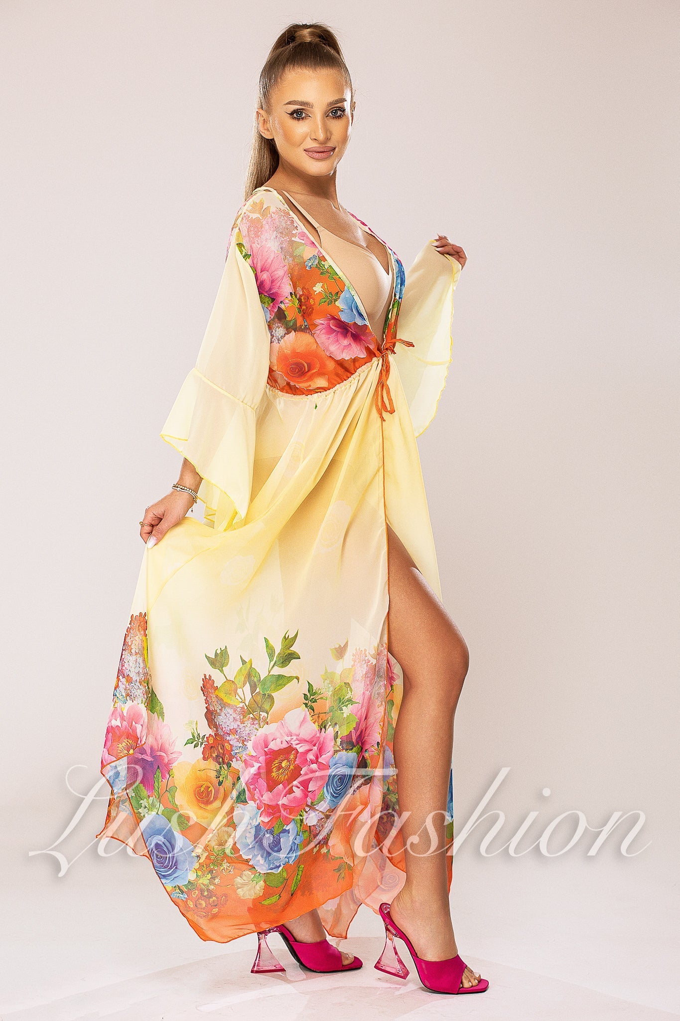 Cardigan de Plaja Galben cu Imprimeu Floral Cod : 308 (03)