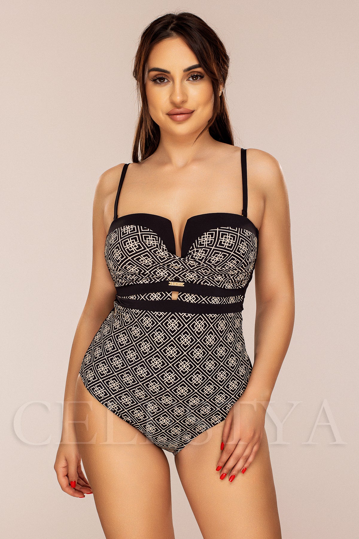 Costum de Baie Intreg Negru cu Print Bej Cod : Y9101 (Z5)